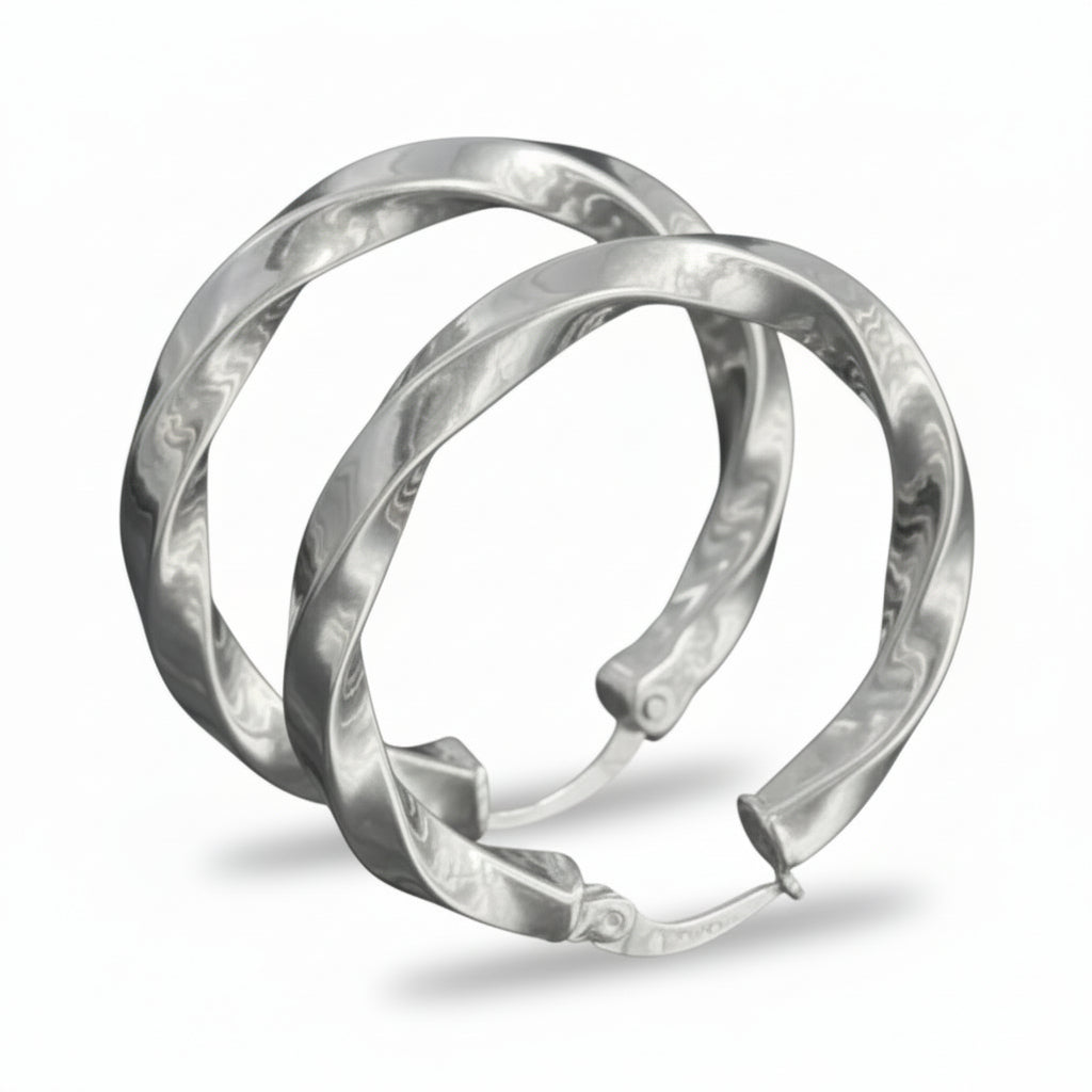 Twisted Hoop Earrings - Silver Tone - 3.5 cm